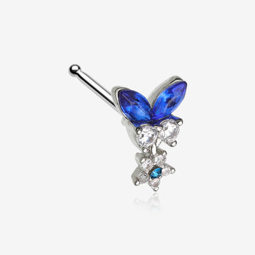 Royal Blue Butterfly Sparkle Dangle Flower Nose Stud Ring-Clear Gem/Blue